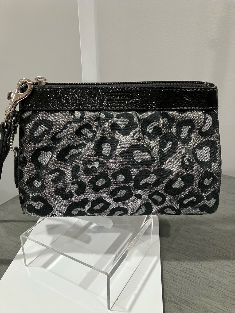 Coach Silver & Black Leopard Print Wristlet